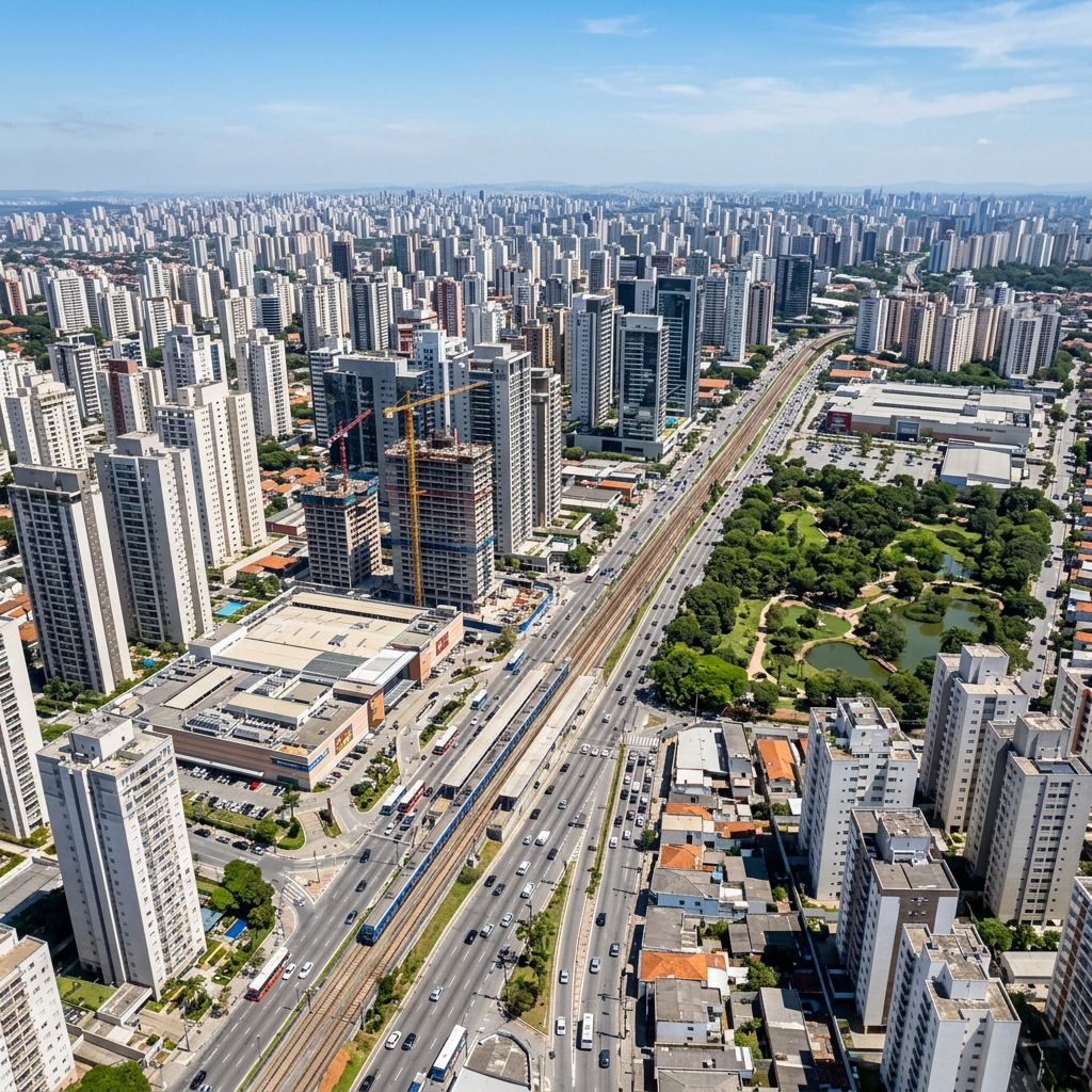 Vista aérea do bairro do Tatuapé na Zona Leste de São Paulo, mostrando o desenvolvimento urbano com torres modernas, avenidas e áreas verdes que compõem a infraestrutura do Eixo Platina